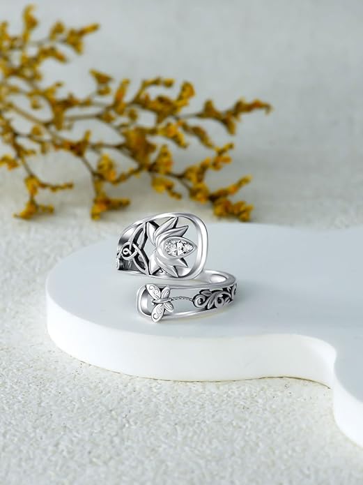 Midari Sun and Moon/Bee/Celtic/Life of Tree/Lotus Spoon Ring for Women 925 Sterling Silver Adjustable Ring Open Ring for Women Men Halloween Birthday Gift