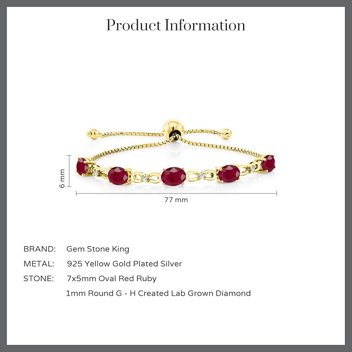 Gem Stone King 7X5MM Oval Cut Gemstone Birthstone and Accent Lab Grown Diamond Tennis Bracelet For Women In 18K Yellow Gold Plated Silver | Adjustable Bolo Bracelet For Women | Easy-On Easy-Off