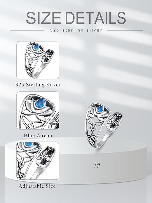 Midari Sun and Moon/Bee/Celtic/Life of Tree/Lotus Spoon Ring for Women 925 Sterling Silver Adjustable Ring Open Ring for Women Men Halloween Birthday Gift