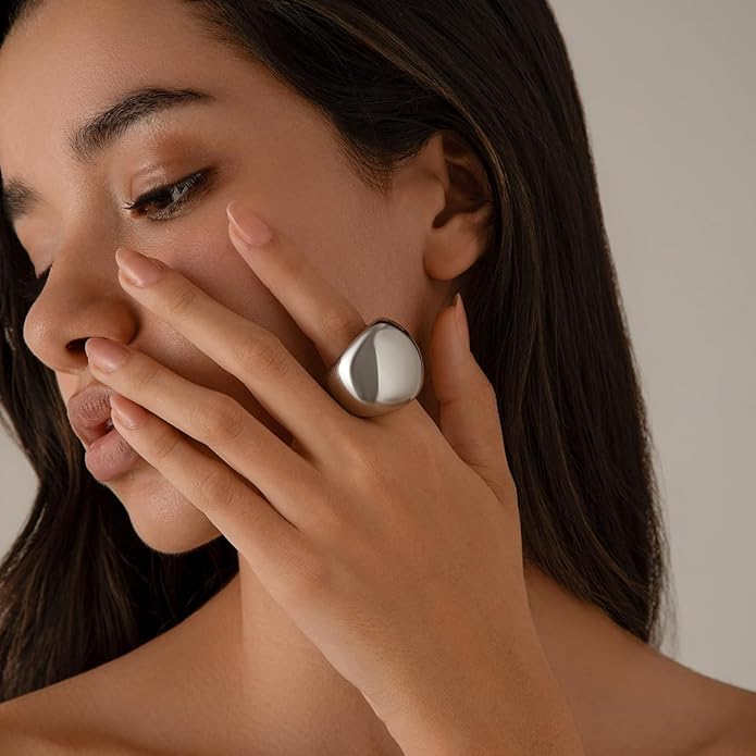MIFYNN Chunky Gold Rings for Women Gold Silver Adjustable Thick Ring Fashion Statement Ring Open Dome Ring Chunky Silver Rings Geometric Curved Minimalist Simple Rings
