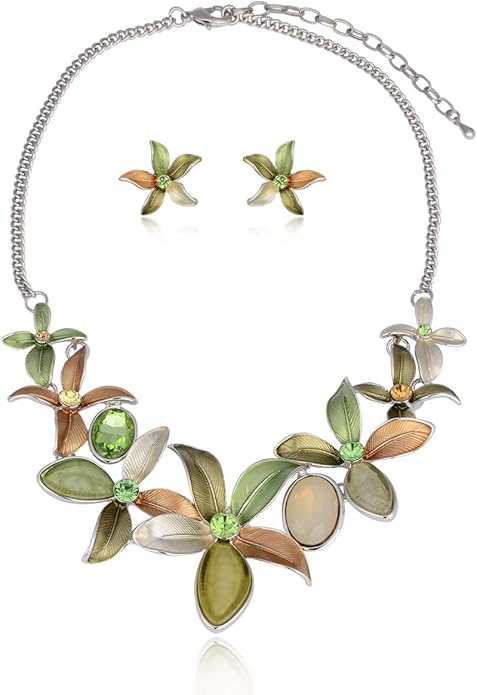 AMYJANE Vintage Statement Jewelry Set - Spring Leaf Flower Floral Plant Necklace Earring Set Crystal Rhinestone Fashion Costume Jewelry for Women Prom Party Unique Gift
