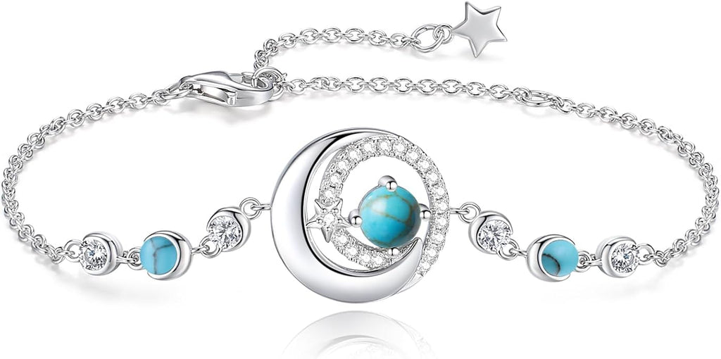 FANCIME Birthstone Bracelets 925 Sterling Silver Moon and Star Bangle Charm Bracelet Fine Jewelry Birthday Anniversary Christmas Day Gift for Her Women, Adjustable Chain 6.7"+1.2" Extend