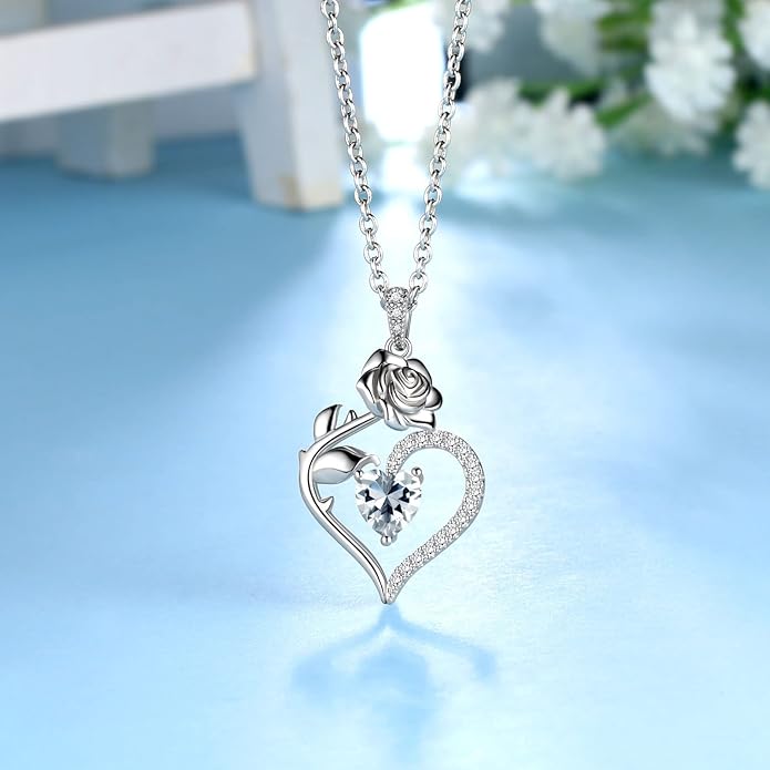 Jewmon Valentine Day Gifts for Her Rose Heart Birthstone Necklace for Women 925 Sterling Silver Birth Stone Flower Rose Necklace Anniversary Love GIfts for Girlfriend Wife Mom Birthday Gifts for Her
