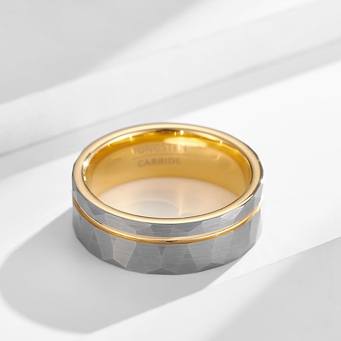 | Faceted Borderline Band - 8mm Wide Textured Grey Tungsten Ring for Men & Women