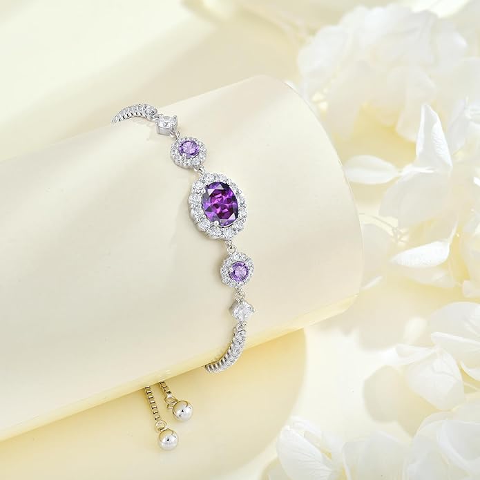 925 Sterling Silver Birthstone Bracelets for Women, Adjustable Halo Cubic Zirconia CZ Bracelet Anniversary Birthday Jewerly for Mom Wife
