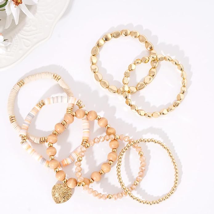 GOOJIDS Surfer Heishi Clay Bead Bracelets for Women Bohemian Stackable Gold Plated Beaded Stretch Bracelets Elastic Layering Friendship Bracelets Set Boho Jewelry