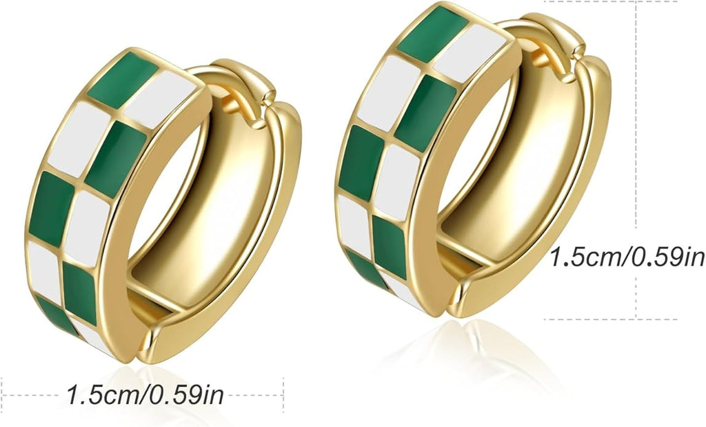Chic Checker Small Hoop Cartilage Earrings Teacher Earrings for Women；White Black Enamel Hypoallergenic Hooped Gifts Gold and Silver tone