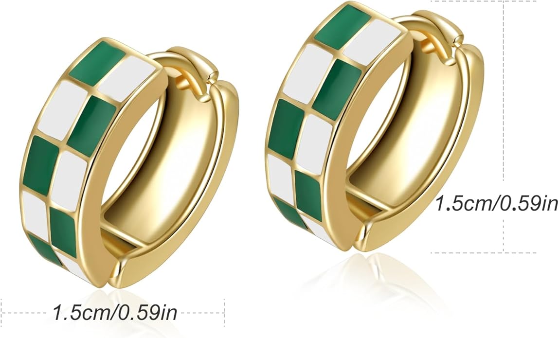 Chic Checker Small Hoop Cartilage Earrings Teacher Earrings for Women；White Black Enamel Hypoallergenic Hooped Gifts Gold and Silver tone