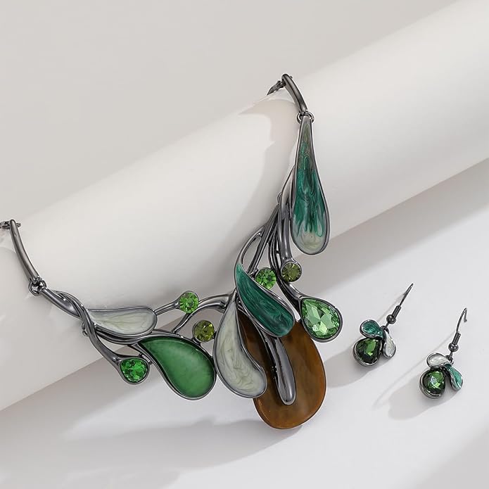 Chunky Statement Jewelry Set Vintage Retro Leaf Flower Floral Geometric Bohemian Boho Bib Necklace Earring Set Fashion Costume Jewelry for Women Girls Wedding Party Prom Unique Gift
