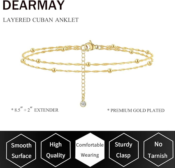 DEARMAY Dainty 14K Gold Plated Ankle Bracelets for Women, Waterproof 14K Gold Plated Link Chain Anklets Non Tarnish Set Pack Summer Beach Jewelry Gift