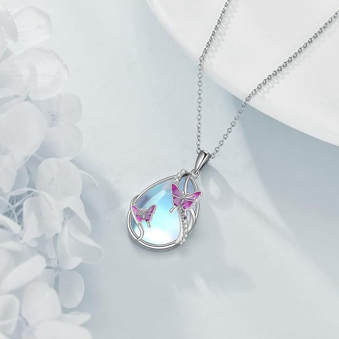 KQF Dragonfly/Butterlfy/Cat/Jellyfish/Bunny/Axolotl/Bee/Mermaid/Hummingbird/Elephant Necklace for Women Sterling Silver Moonstone Pendant Necklace Dragonfly Jewelry Gifts for Women
