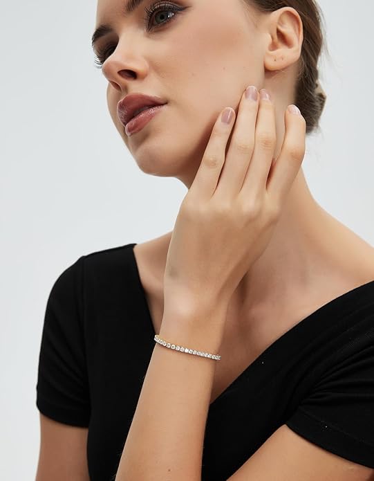 KRKC&CO Moissanite Bolo Tennis Bracelets for Women, 1.6-8.0 ct.tw, Adjustable Length S925 Sterling Silver, Christmas Gifts for Her, Luxury Box, 2/3/4mm D Color VVS1 White/14K/24K/Rose Gold Plated