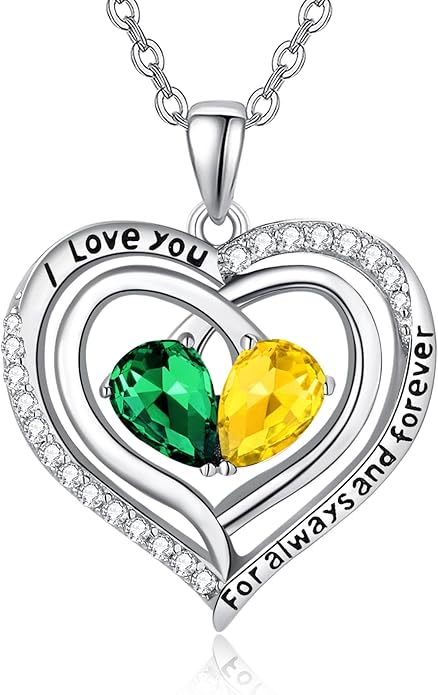 Valentine's Day Gifts for Wife 925 Sterling Silver Double Birthstone Pendant Necklaces I Love You for Always and Forever Necklace Anniversary Birthday Gifts for Wife Girlfriend Mom Her