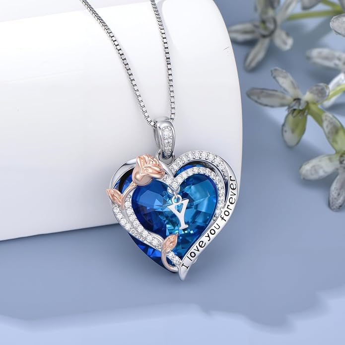 PELOVNY Rose Heart Initial Necklaces for Women S925 Sterling Silver Alphabet Letter Crystal Necklace Initial Pendant Jewelry Gifts for Mom Daughter Wife