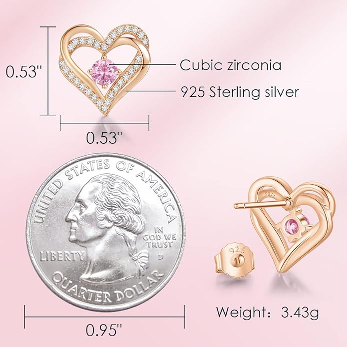 CDE Forever Love Heart Stud Earrings for Women, 925 Sterling Silver Birthstone Heart Stud Earrings Christmas Day Mother's Day Gift Anniversary Birthday Jewelry Gifts for Women Wife Her