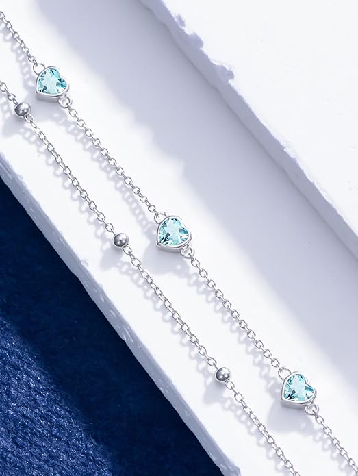 Birthstone Anklet/Bracelets for Women 925 Sterling Silver Charm Link Double Strand Heart Birthstone Jewelry Gift for Wife Women Mother's Day Gift