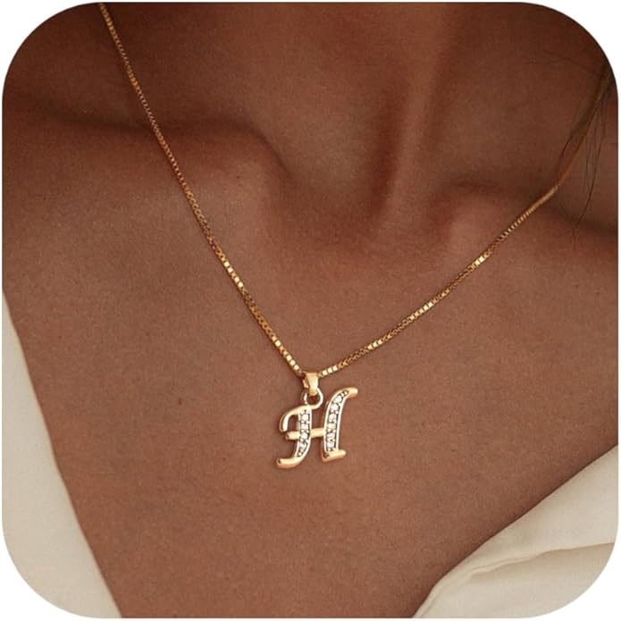 Initial Necklace for Women, 14K Gold Plated Box Chain Letter Pendant, Trendy Name Necklace, Dainty Personalized Jewelry Valentines Day Gift for Her