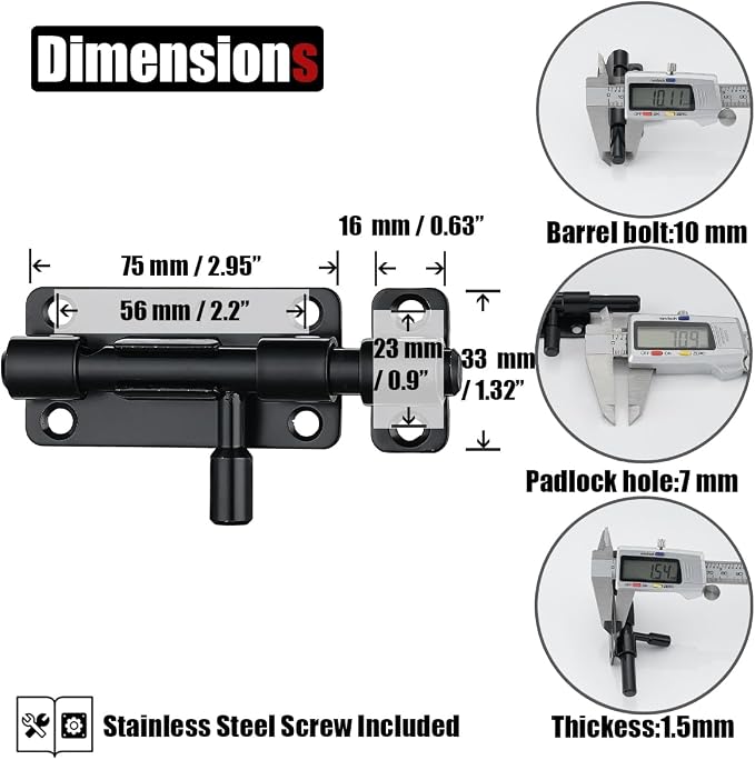 JQK Door Security Slide Latch Lock Barrel Bolt, 304 Stainless Steel Sliding - Image 2