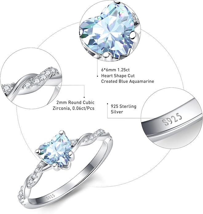 1.25ct Womens Heart Promise Ring, 925 Sterling Silver Heart Cut Created Emerald/Sapphire/Amethyst/Ruby/Cubic Zirconia/Opal Twisted Vine Engagement Ring for Women Size 5-10