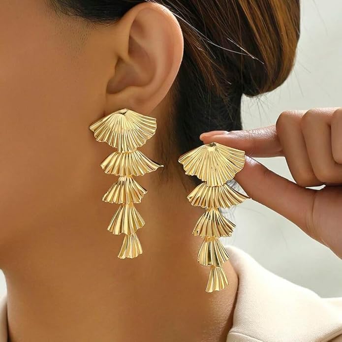 Chunky Gold Earrings-14K Gold Plated Ginkgo Leaf Bow Dangle Geometric Designed Drop Heart Teardrop Statement Chunky Earrings for Women