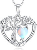 Tree of Life Necklaces for Women 925 Sterling Silver Heart Pendant Birthstone Necklace Created Gemstone Jewelry for Her, 18"+2"
