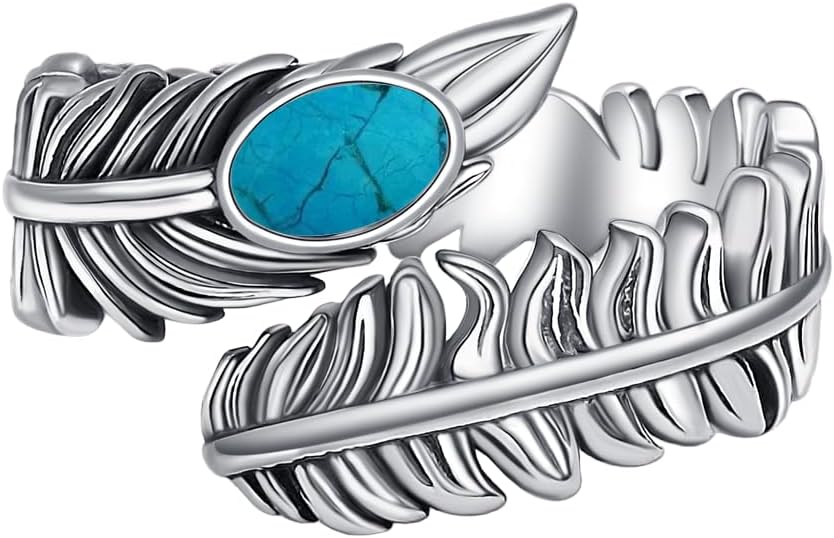 Natural Turquoise Angel Wings Ring S925 Sterling Silver Adjustable Jewelry Wrap Open Thumb Rings for Women Her