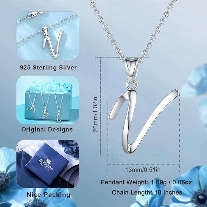 EUDORA Sterling Silver Initial Necklaces for Women, Classic 26 Letter Neckless Gifts for Girls, Sister, Mother Daughter, 18 inch Chain