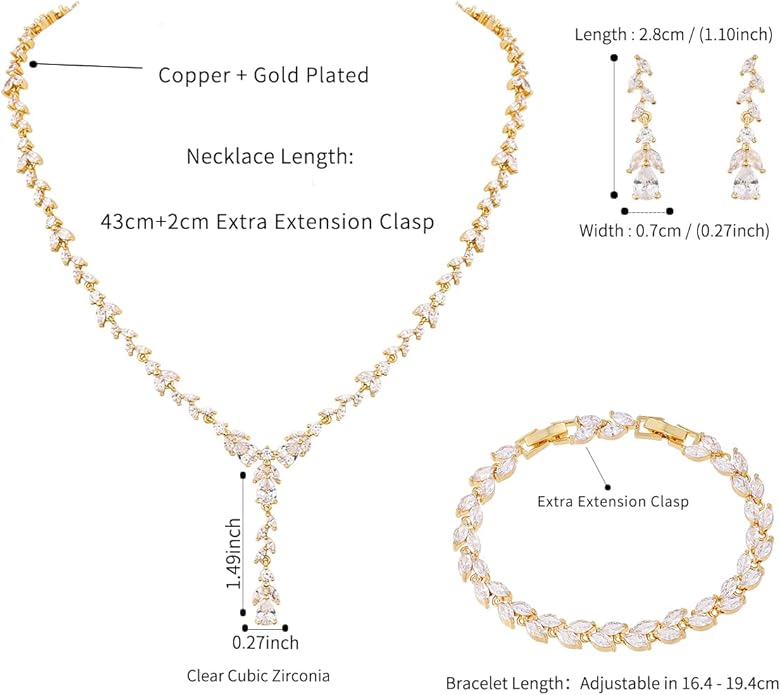 Bridal Wedding Jewelry CZ Set Marquise Teardrop Cubic Zirconia Pendant Necklace and Dangle Earring Bracelet Sets for Women