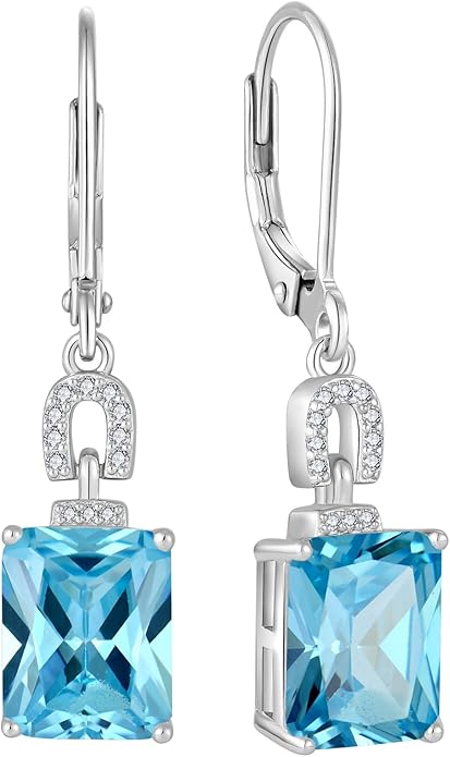Emerald Cut Earrings 925 Sterling Silver Baguette Birthstone Dangle Drop Leverback Earrings Jewelry Gifts for Women