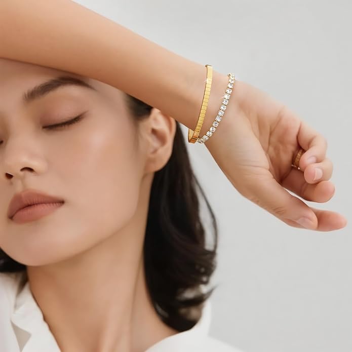 Stackable Gold Bracelets for Women - 2Pcs 18K Gold Plated Cubic Zirconia Bangle Bracelet Friendship Tennis Bracelet Stack Jewelry,Party Christmas Birthday Gifts for Her Girlfriend Sister Wife Daughter