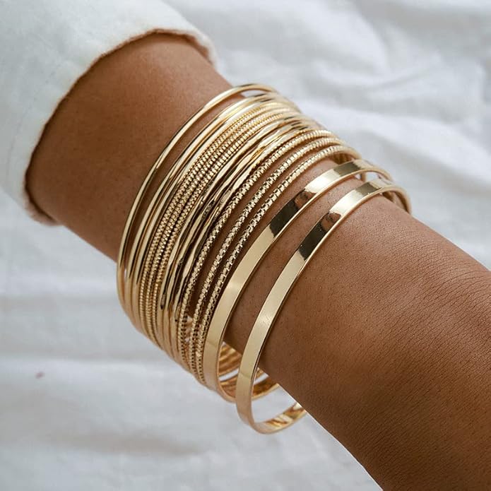 16Pcs Gold Bangle Bracelets for Women - Multi Layer Stackable Textured Bracelets Boho Jewelrys Set.
