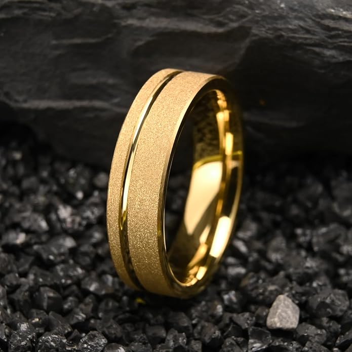 Golden Tungsten Carbide Ring for Men Women 8mm/6mm Sandblasted Inlaid Groove Men's Engagement Wedding Bands Fashionable and Luxurious
