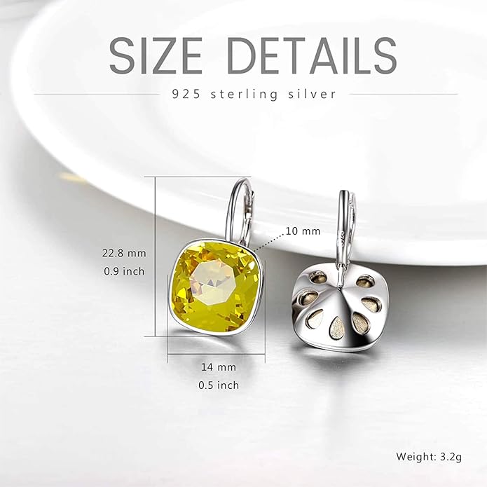 AOBOCO Sterling Silver Leverback Earrings Embellished with Crystals from Austria, Hypoallergenic Cushion Cut Square Crystal Earrings, Fine Anniversary Birthday Jewelry Gifts for Women
