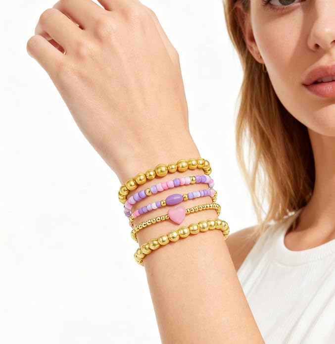 Gold Bracelets for Women Waterproof, 14K Gold Plated Beaded Cross Bracelets Set,Boho Stretch Bracelets Stackable Jewelry for Women Teenage Girls Jewelry Christmas Gifts