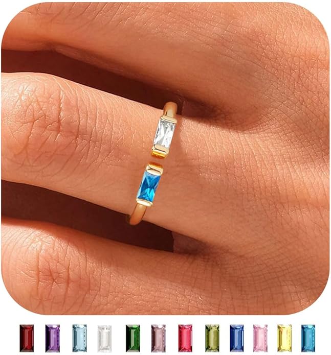 WFYOU Gold Birthstone Rings for Women - Non Tarnish Dainty 14K Gold Plated Stackable CZ Rings for Her & Couples - Personalized Jewelry Gift for Birthday