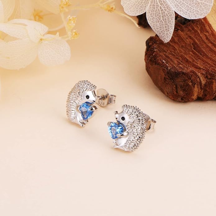 FLYOW 925 Sterling Silver Cute Animal Heart CZ Hedgehog Pendant Necklace and Stud Earrings Bracelet Set for Women Birthday Jewelry