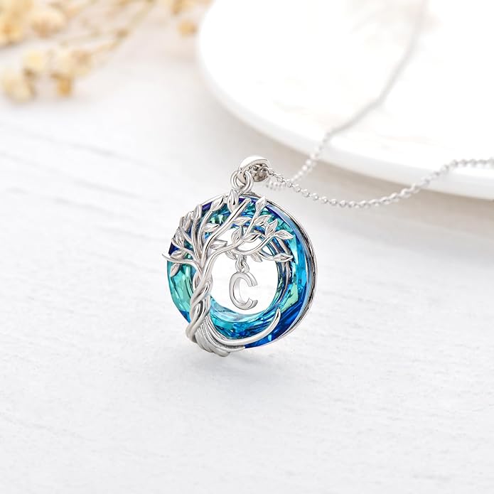TOUPOP Gifts for Women Tree of Life Necklace 925 Sterling Silver Initial Pendant Family Tree Crystal Jewelry Valentine's Day Birthday Gifts for Her Mom Wife Girlfriend Daughter