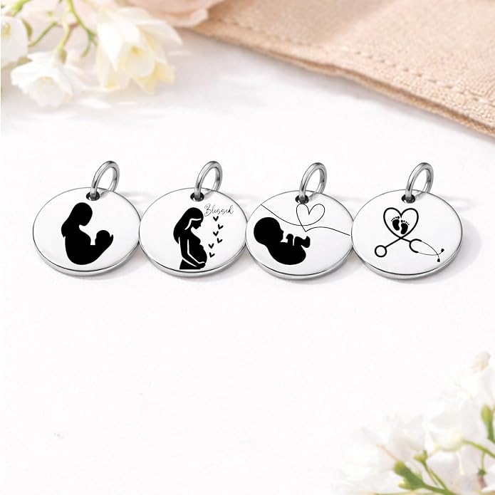SM Design Pregnancy & New Baby Charm Set – Set of 4 Meaningful Stainless Steel Charms – Great for Crafting, Making Bracelets and Necklaces - Meaningful Keepsake Charms for Expecting & New Moms