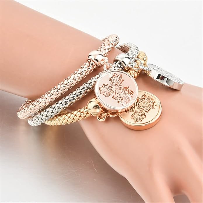 Crystal Charms Multilayer Bracelets - 3PCS Gold/Silver/Rose Gold Corn Chain Bracelet for Women, Tree of Life Heart Shaped Stretch Bracelet