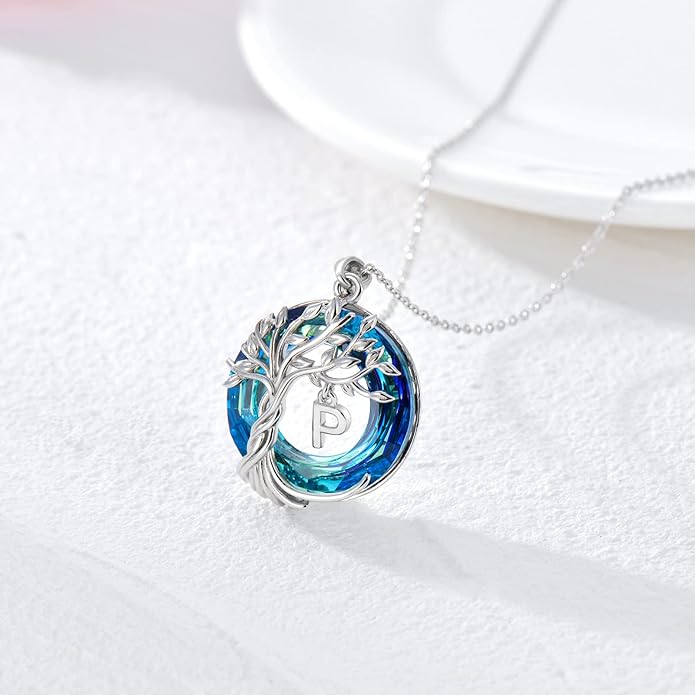 TOUPOP Gifts for Women Tree of Life Necklace 925 Sterling Silver Initial Pendant Family Tree Crystal Jewelry Valentine's Day Birthday Gifts for Her Mom Wife Girlfriend Daughter