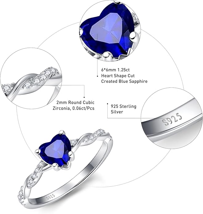 1.25ct Womens Heart Promise Ring, 925 Sterling Silver Heart Cut Created Emerald/Sapphire/Amethyst/Ruby/Cubic Zirconia/Opal Twisted Vine Engagement Ring for Women Size 5-10