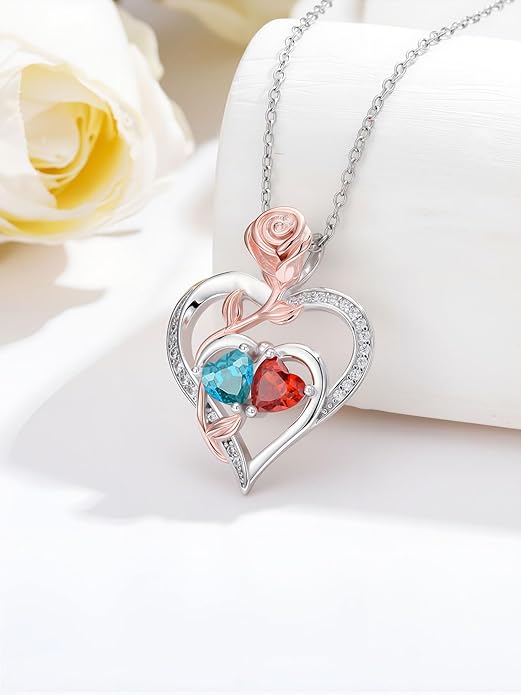 Rose Flower Heart Pendant for Women Birthday Gifts 18k Gold Plated Mother Daughter Necklace with 12 Months Birthstone Christmas Valentines Day Gifts for Her Mom Anniversarry Jewelry for Mom Wife Girlfriend