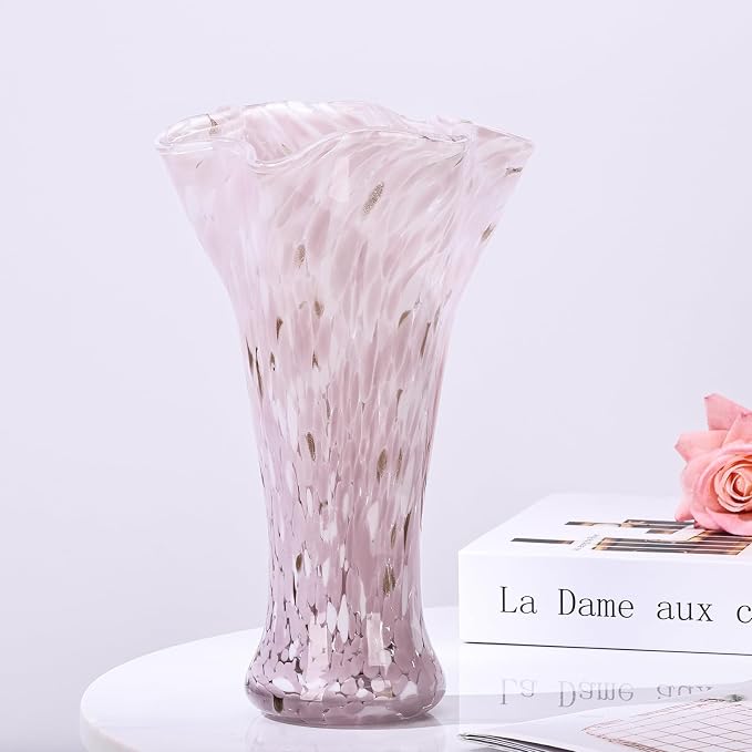9.0" H Pink Glass Vases for Flower, Unique Hand Blown Glass Vase | Wide Mouth - Image 3