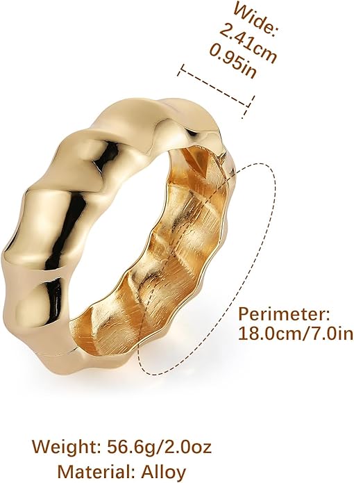 HZMAN 18K Gold Plated Wide Cuff Bracelet for Women - Premium Alloy Shiny Polished Double Layer Statement Bangle, Trendy Daily Wear Party Jewelry Accessory