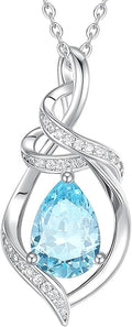 FANCIME Teardrop Gemstone Necklace for Women S925 Sterling Silver Elegant Ribbon Pendent Birthday Gifts for Her, 16"+2" Inches