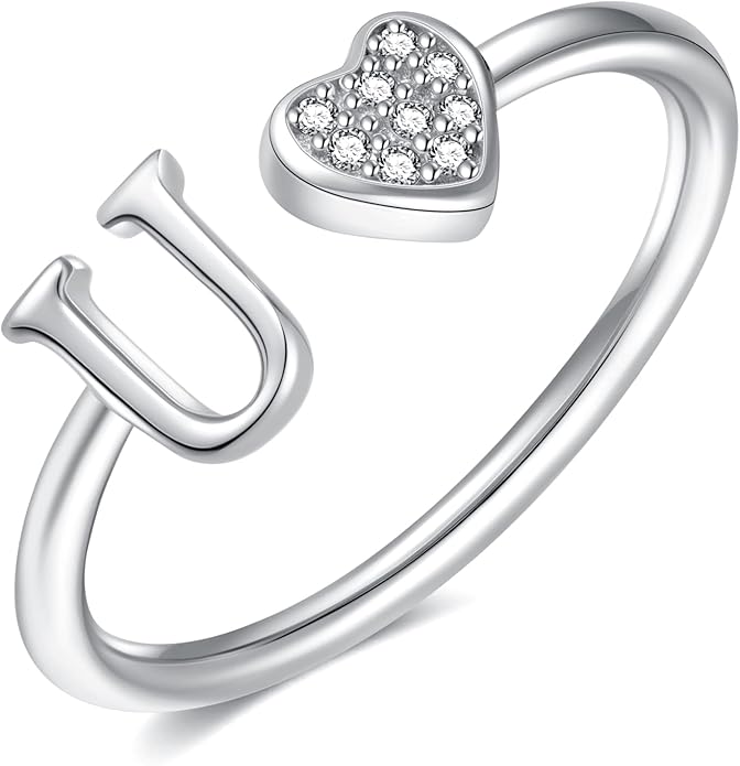 Valentines Day Gift Initial Rings for Teen Girls - S925 Heart Sterling Silver Rings for Teen Girls | 14K Gold/Rose Gold/Sterling Silver Plated Ring for Girls Kids Women Ring for Teenager Girls Gifts Adjustable, No Tarnish, Hypoallergenic