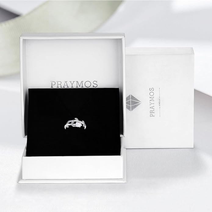PRAYMOS 925 Sterling Silver Leaf Ring White Opal Moonstone Rings Adjustable Open Ring for Women with Jewelry Box Size 7-9