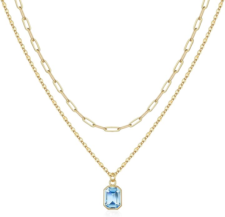 Layered Birthstone Necklace for Women Girls, 14K Gold-Plated Paperclip Chain Choker Necklace with Rectangle Birthstone Pendant Birthday Gifts for Women Girls Dainty Small