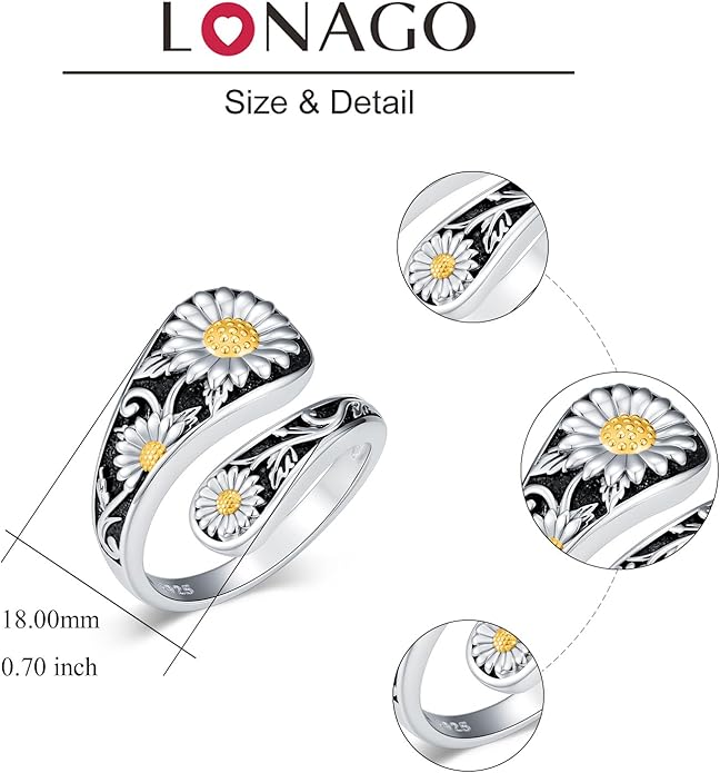 LOANGO Spoon Ring for Women 925 Sterling Silver Spoon Rings Adjustable Oxidized Vintage Thumb Rings Sunflower Hummingbird Butterfly Bee Cardinal Jewelry Gifts for Women Men