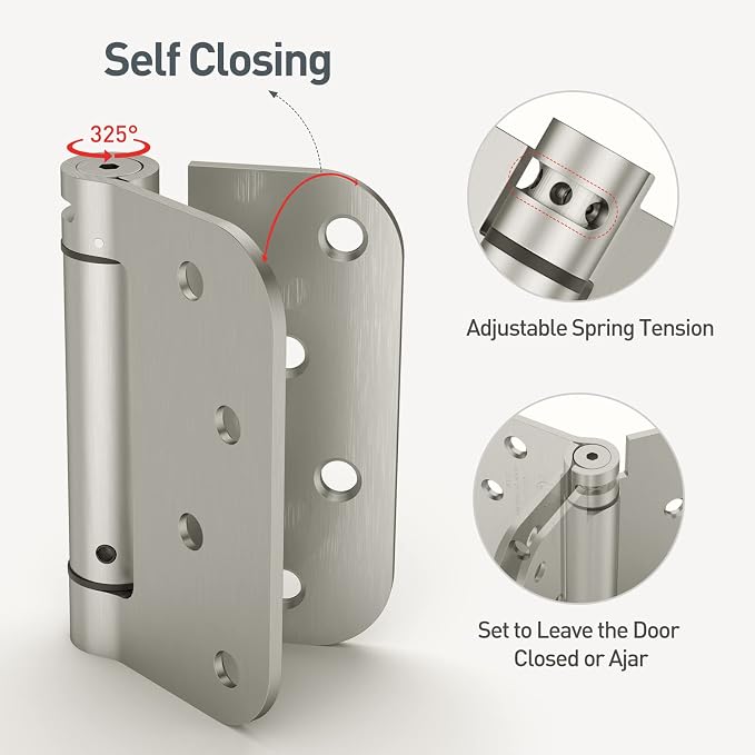 HOSOM 3 Pack Self Closing Door Hinges Brushed Nickel 4 Inch Spring Loaded Hinges - Image 3